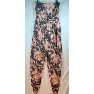 Pink grey Tie Dye Strapless Ruched Jumpsuit with Pockets and Ruched Ankle boho L